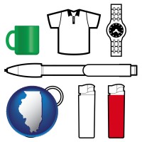 illinois map icon and typical advertising promotional items