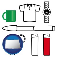 north-dakota map icon and typical advertising promotional items