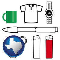 texas map icon and typical advertising promotional items