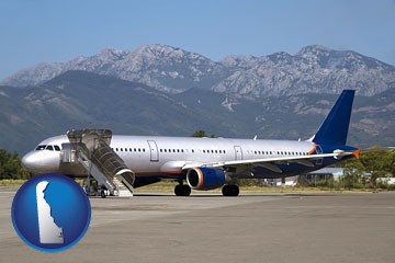 commercial aircraft at an airport, with mountainous background - with Delaware icon