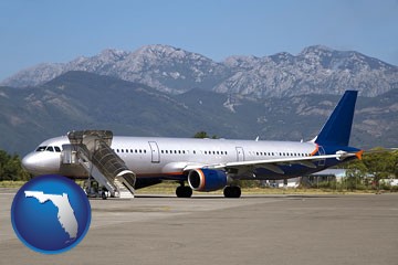 commercial aircraft at an airport, with mountainous background - with Florida icon