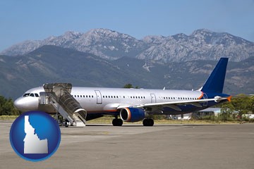 commercial aircraft at an airport, with mountainous background - with Idaho icon