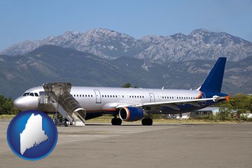 commercial aircraft at an airport, with mountainous background - with Maine icon
