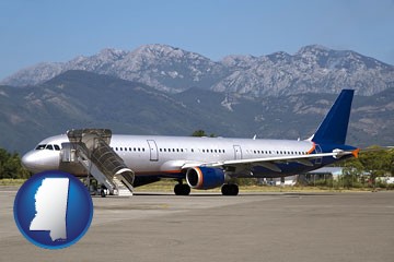 commercial aircraft at an airport, with mountainous background - with Mississippi icon
