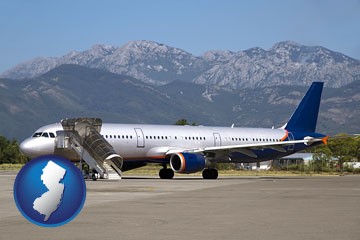 commercial aircraft at an airport, with mountainous background - with New Jersey icon