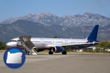 commercial aircraft at an airport, with mountainous background - with Oregon icon