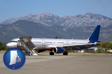 commercial aircraft at an airport, with mountainous background - with Rhode Island icon