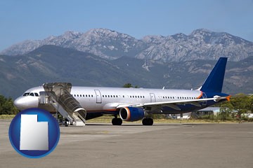 commercial aircraft at an airport, with mountainous background - with Utah icon