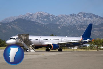 commercial aircraft at an airport, with mountainous background - with Vermont icon