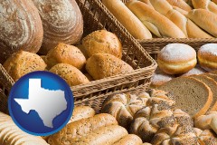 texas map icon and a baked goods assortment