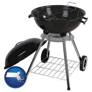 a kettle-style charcoal grill - with Massachusetts icon