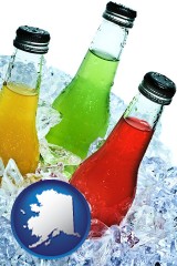 alaska map icon and beverage bottles on ice