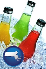 massachusetts map icon and beverage bottles on ice