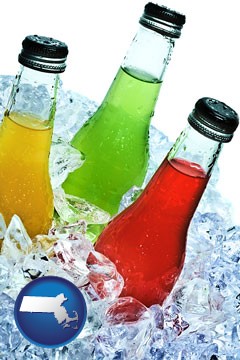 beverage bottles on ice - with Massachusetts icon