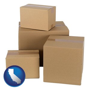 a stack of cardboard boxes - with California icon