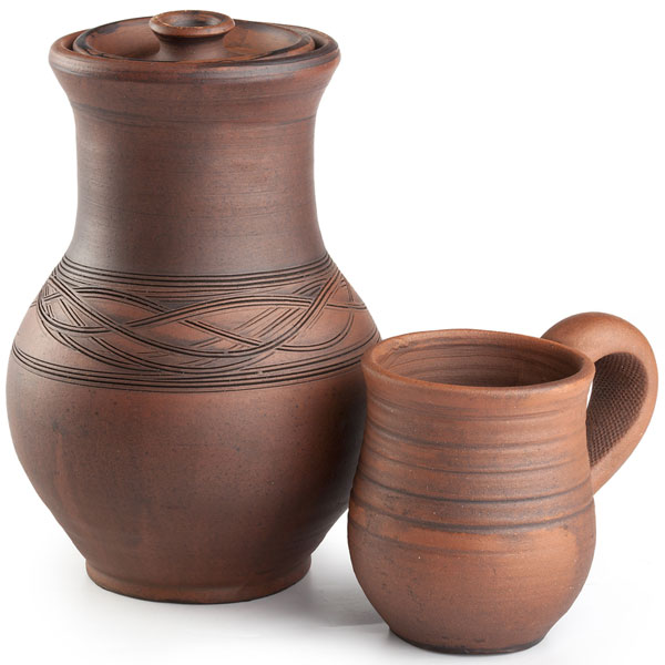 a brown clay pottery jar and cup (large image)