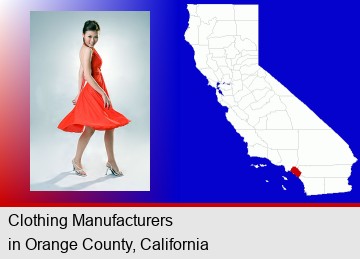 fashionable women's clothing; Orange County highlighted in red on a map