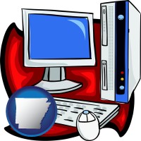 arkansas map icon and a computer cpu, keyboard, monitor, and mouse