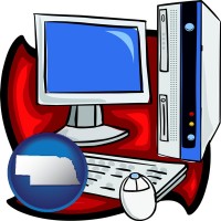 nebraska map icon and a computer cpu, keyboard, monitor, and mouse