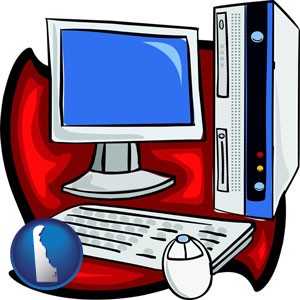 a computer cpu, keyboard, monitor, and mouse - with Delaware icon