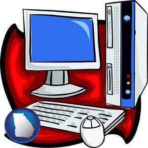 a computer cpu, keyboard, monitor, and mouse - with Georgia icon
