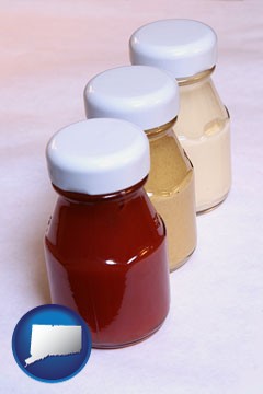 ketchup, mustard, and mayonnaise condiments - with Connecticut icon