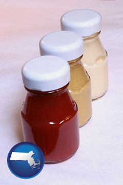 ketchup, mustard, and mayonnaise condiments - with Massachusetts icon