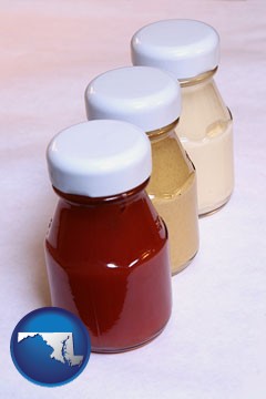 ketchup, mustard, and mayonnaise condiments - with Maryland icon