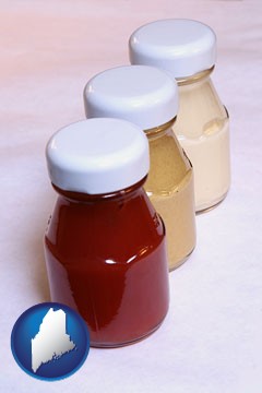 ketchup, mustard, and mayonnaise condiments - with Maine icon