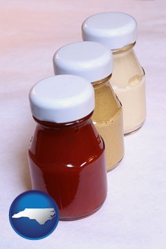 ketchup, mustard, and mayonnaise condiments - with North Carolina icon