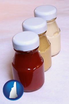 ketchup, mustard, and mayonnaise condiments - with New Hampshire icon
