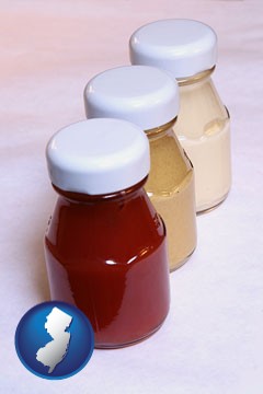 ketchup, mustard, and mayonnaise condiments - with New Jersey icon