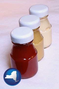 ketchup, mustard, and mayonnaise condiments - with New York icon