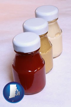 ketchup, mustard, and mayonnaise condiments - with Rhode Island icon