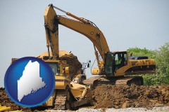 maine map icon and heavy construction equipment