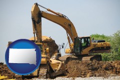 south-dakota map icon and heavy construction equipment