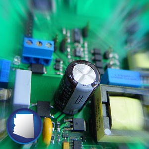 electronic components on a circuit board - with Arizona icon