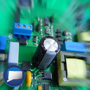 electronic components on a circuit board - with Connecticut icon