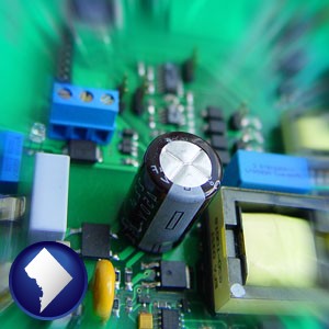 electronic components on a circuit board - with Washington, DC icon