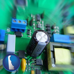 electronic components on a circuit board - with Delaware icon