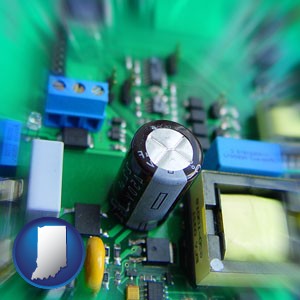 electronic components on a circuit board - with Indiana icon