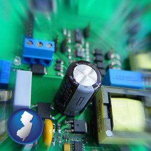 electronic components on a circuit board - with New Jersey icon