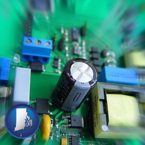 electronic components on a circuit board - with Rhode Island icon