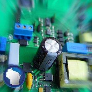 electronic components on a circuit board - with Wisconsin icon