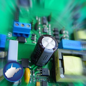 electronic components on a circuit board - with West Virginia icon
