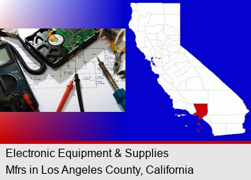 electronic devices, tools, and supplies; Los Angeles County highlighted in red on a map