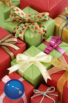 wrapped holiday gifts - with Hawaii icon