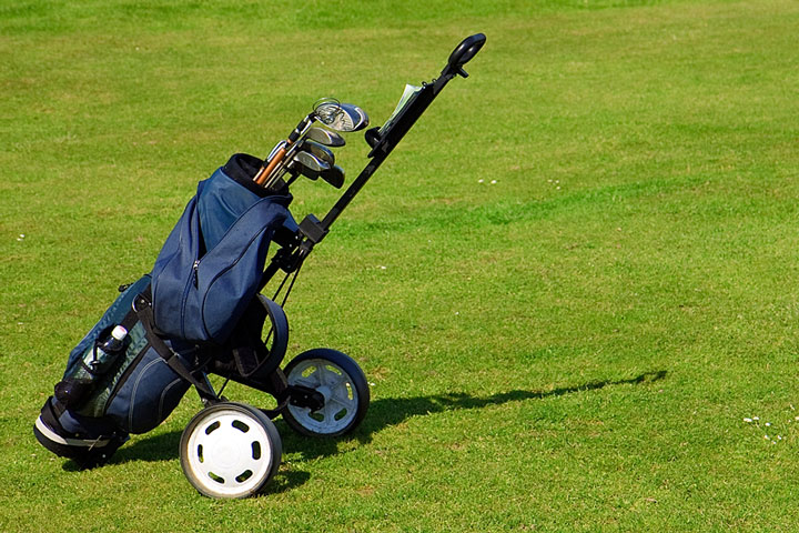 a golf bag on a green fairway (large image)