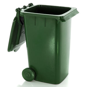 a green plastic garbage can with wheels