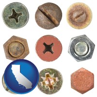 california map icon and screws heads and bolt heads